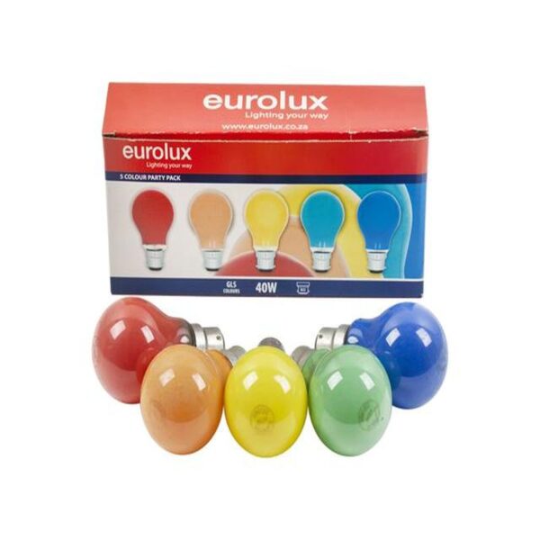 COLOURED GLOBES B22 40W 5PC PARTY PACK