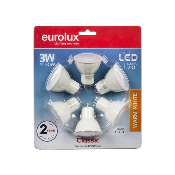3W PLASTIC LED GU10 LAMP 3000K 6 PACK